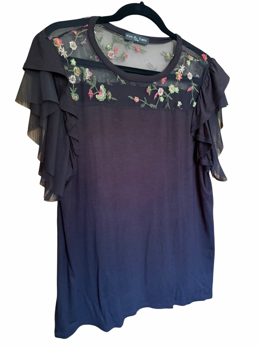 Kim & Cami Black Floral Mesh Ruffle Sleeve Tee